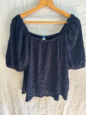 Cottagecore Navy Blue Puff Sleeve Lace Top - Coquette